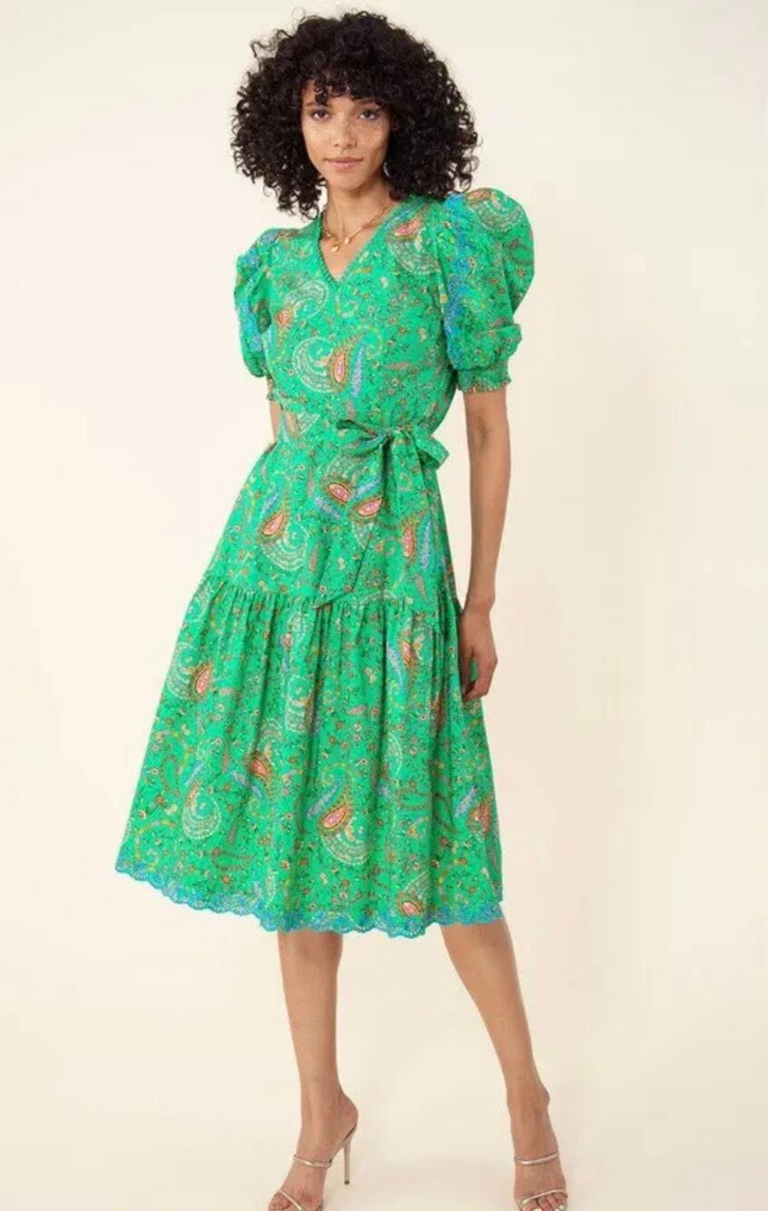 Hale Bob Elaina Poplin Puff Sleeve Midi Dress Paisley Green XL Boho Chic summer